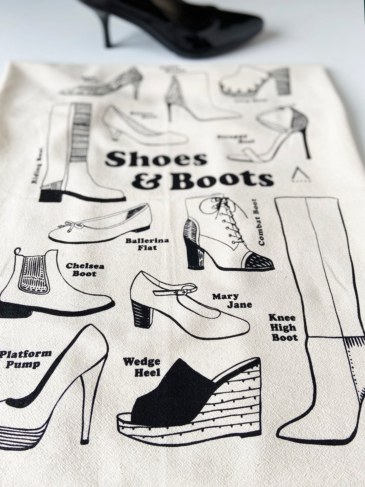 Shoes and Boots Hand Printed Organic Tea Towel
