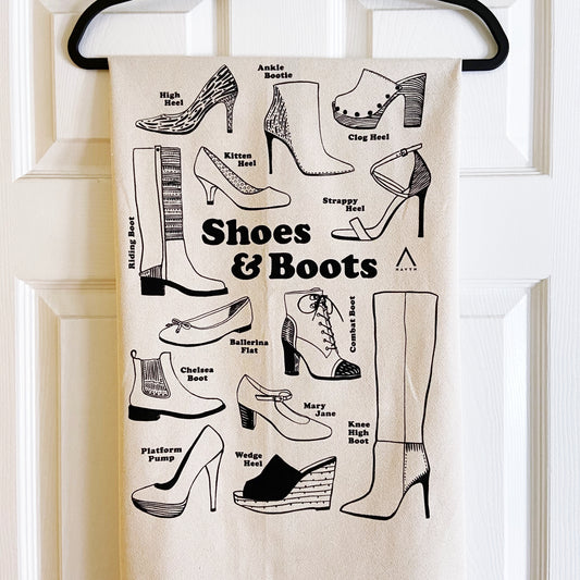Shoes and Boots Hand Printed Organic Tea Towel