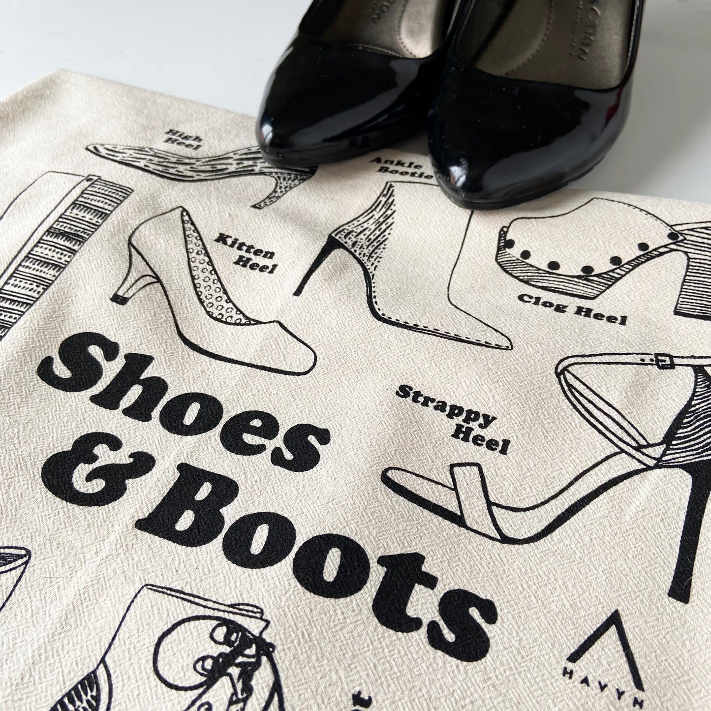 Shoes and Boots Hand Printed Organic Tea Towel