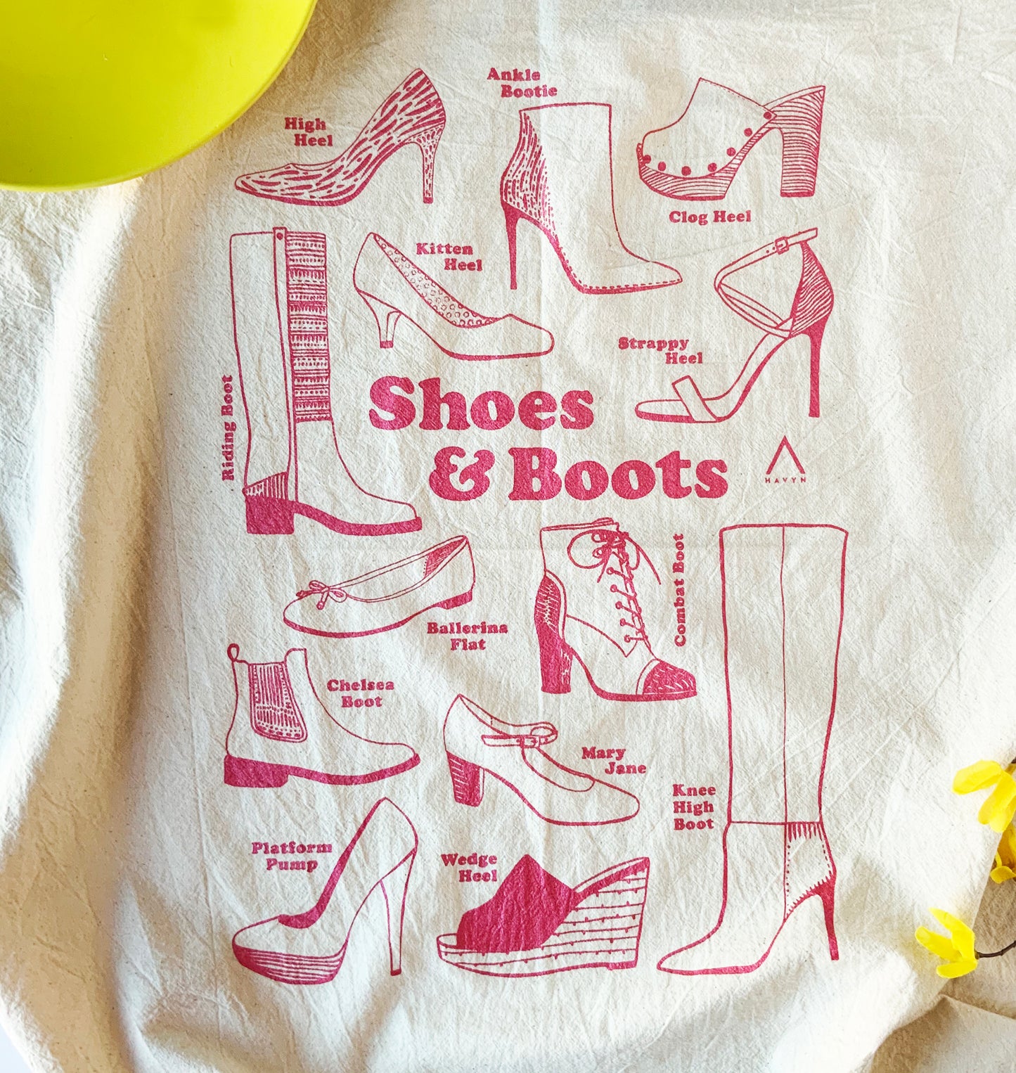 Shoes and Boots Hand Printed Organic Tea Towel