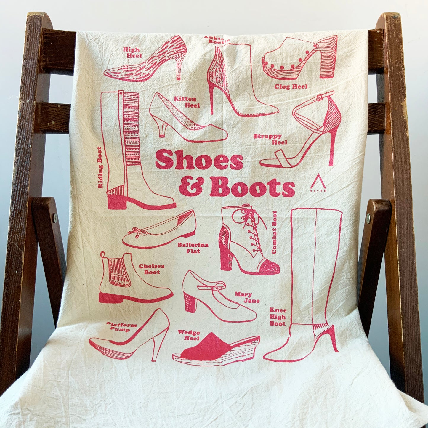 Shoes and Boots Hand Printed Organic Tea Towel
