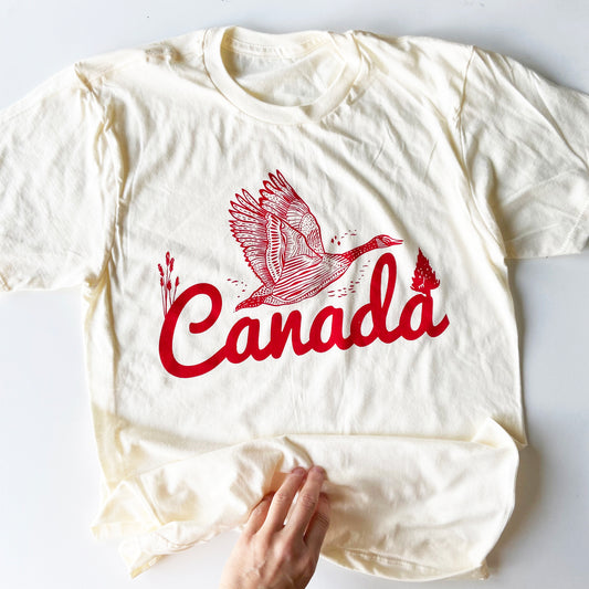 Canada Hand Printed Tee on Cream , Black or Grey - UNISEX S,M,L and XL MEN