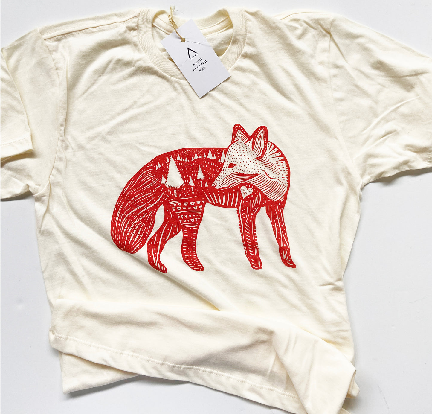 Fox Hand Printed Orange on Cream Cotton Tee - XS ONLY