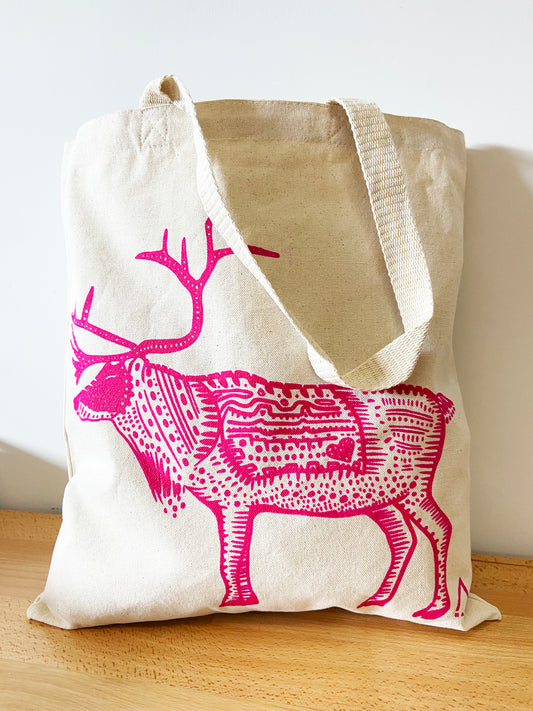Pink Caribou Hand Printed Every Day Cotton Tote