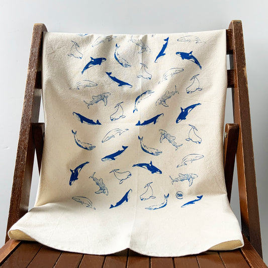 Blue Whales Hand Printed Organic Tea Towel