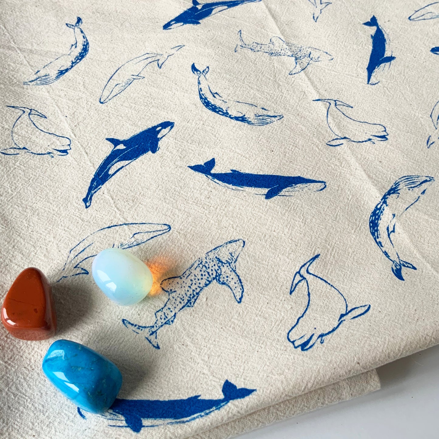 Blue Whales Hand Printed Organic Tea Towel