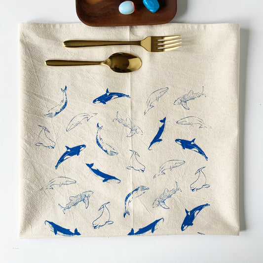 Blue Whales Hand Printed Organic Tea Towel