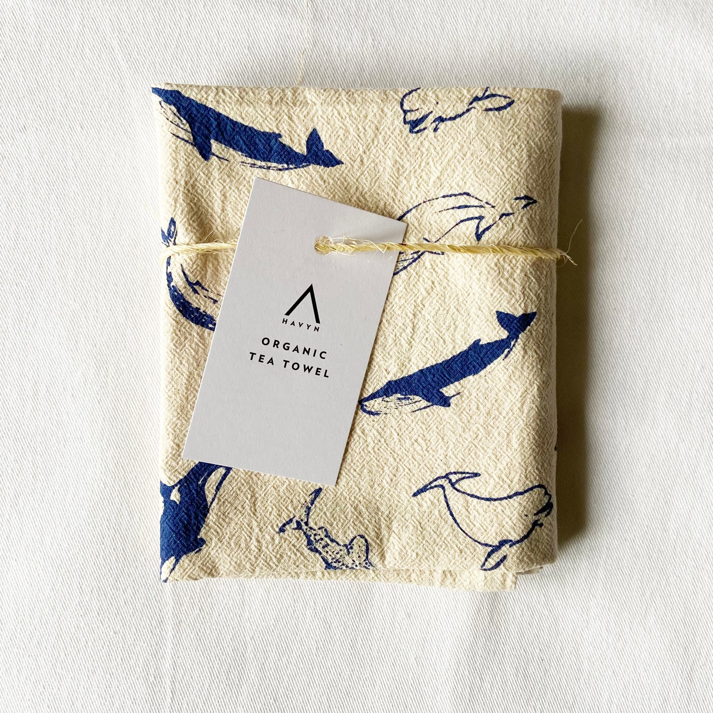 Blue Whales Hand Printed Organic Tea Towel