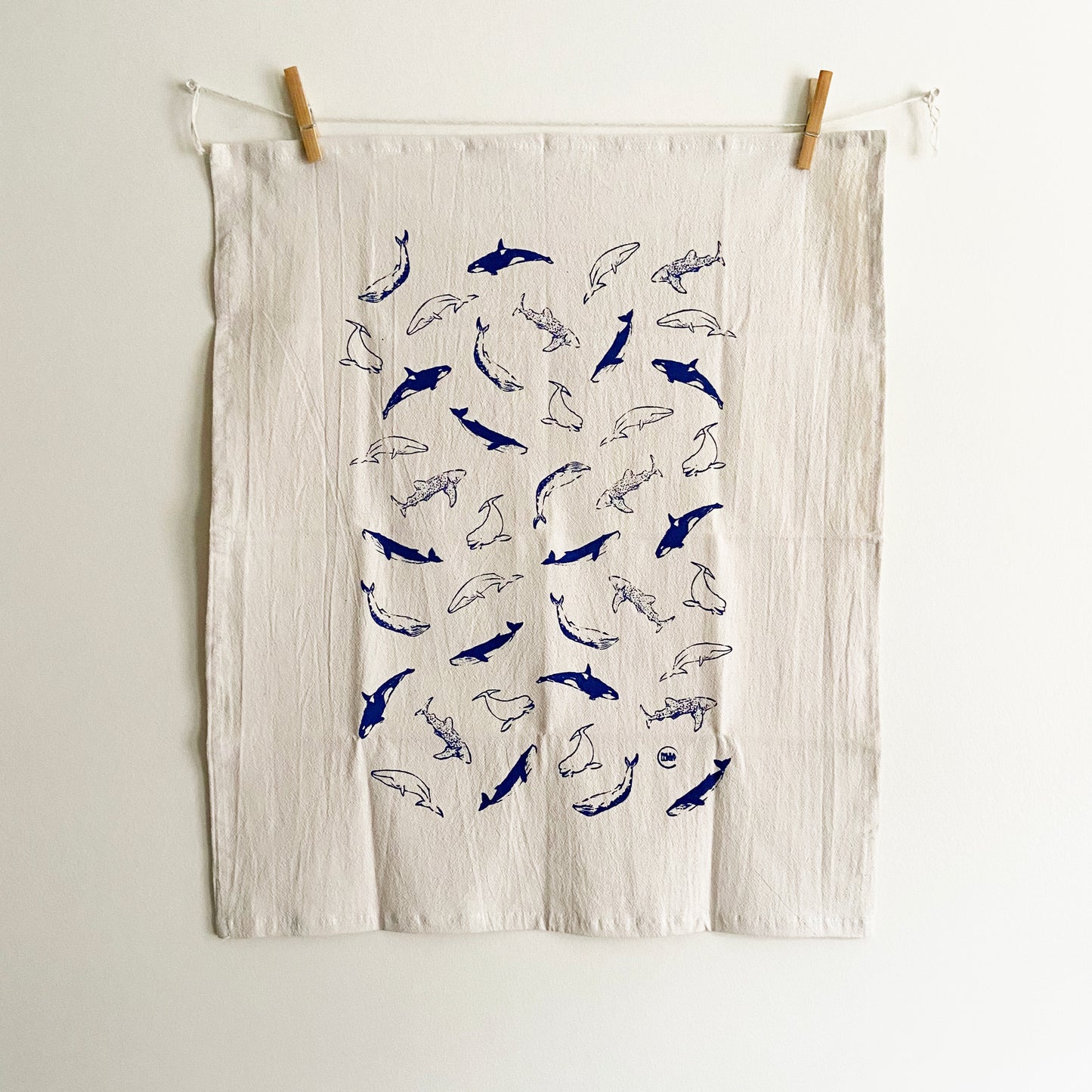 Blue Whales Hand Printed Organic Tea Towel