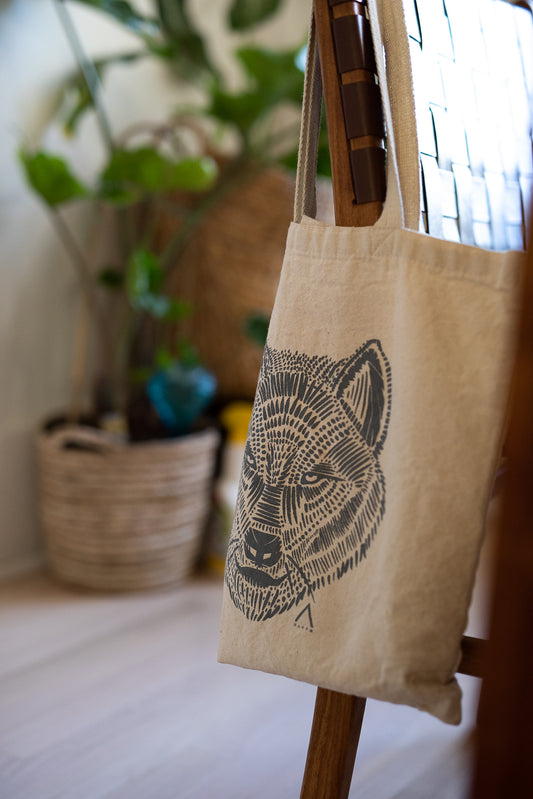 Grey Wolf Hand Printed Every Day Cotton Tote