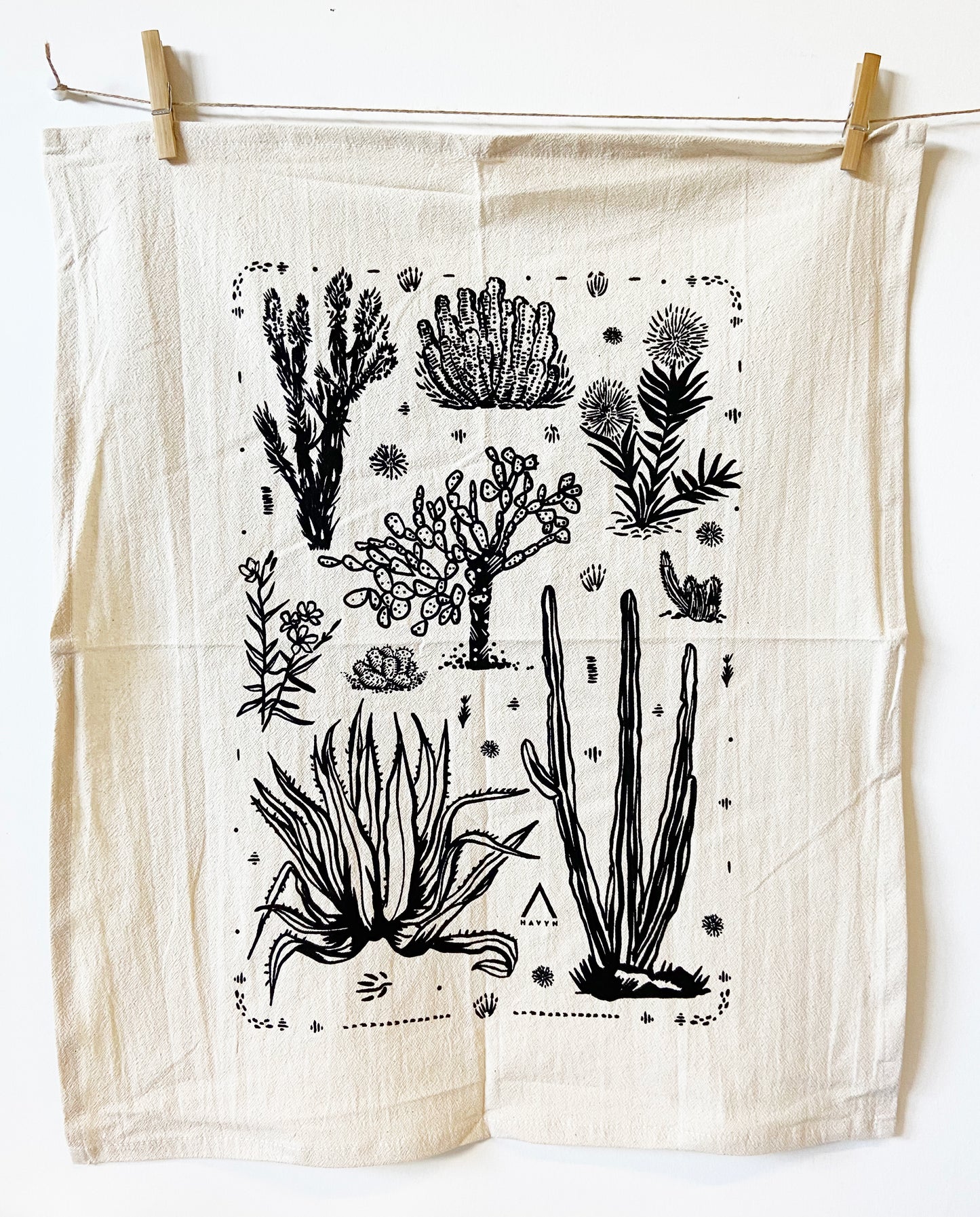 Cactus Variations Hand Printed Organic Tea Towel - Black or Green
