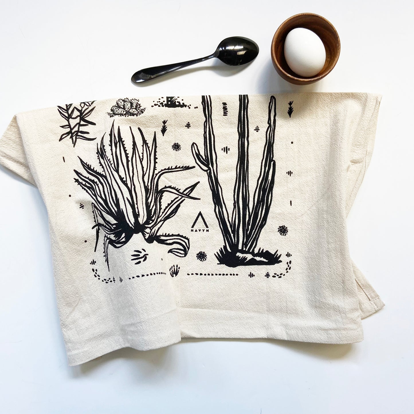 Cactus Variations Hand Printed Organic Tea Towel - Black or Green