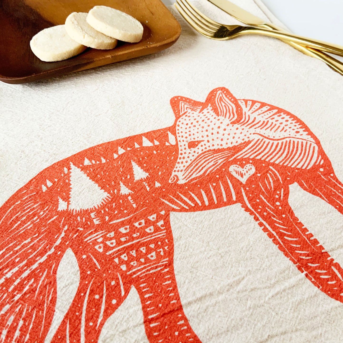 Fox Hand Printed Organic Tea Towel - Orange