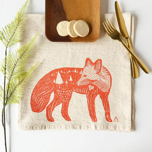 Fox Hand Printed Organic Tea Towel - Orange
