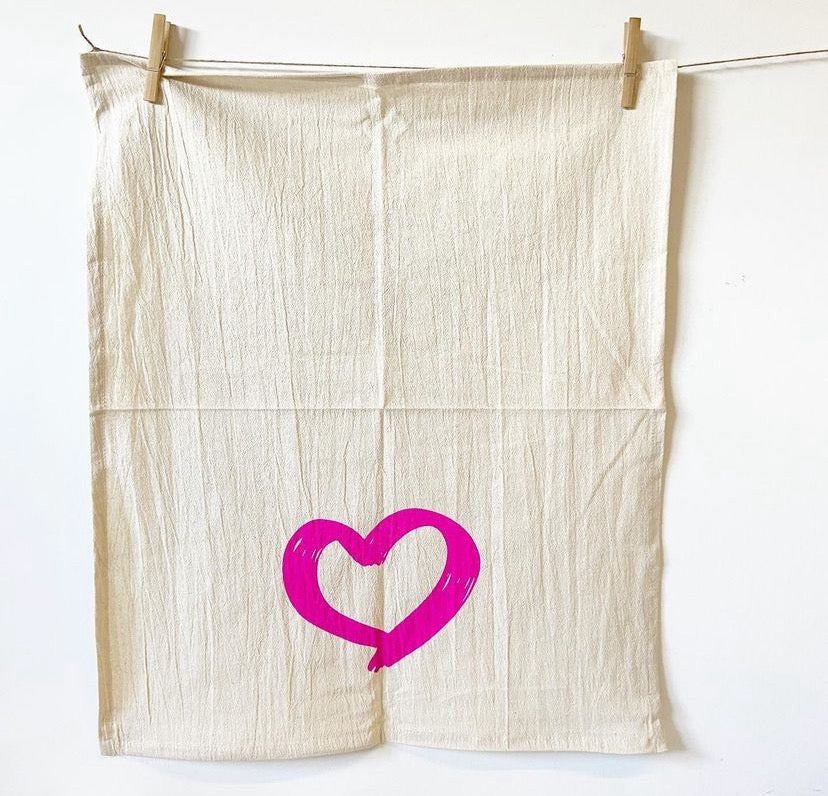 Hot Pink Heart Love Hand Printed Organic Tea Towel