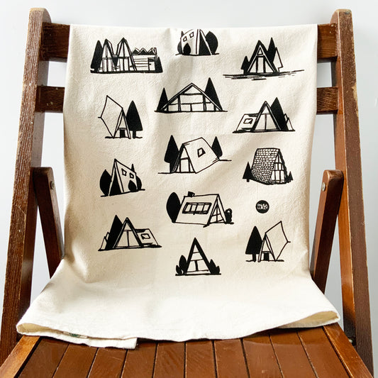 A-Frame Cottages Hand Printed Organic Tea Towel