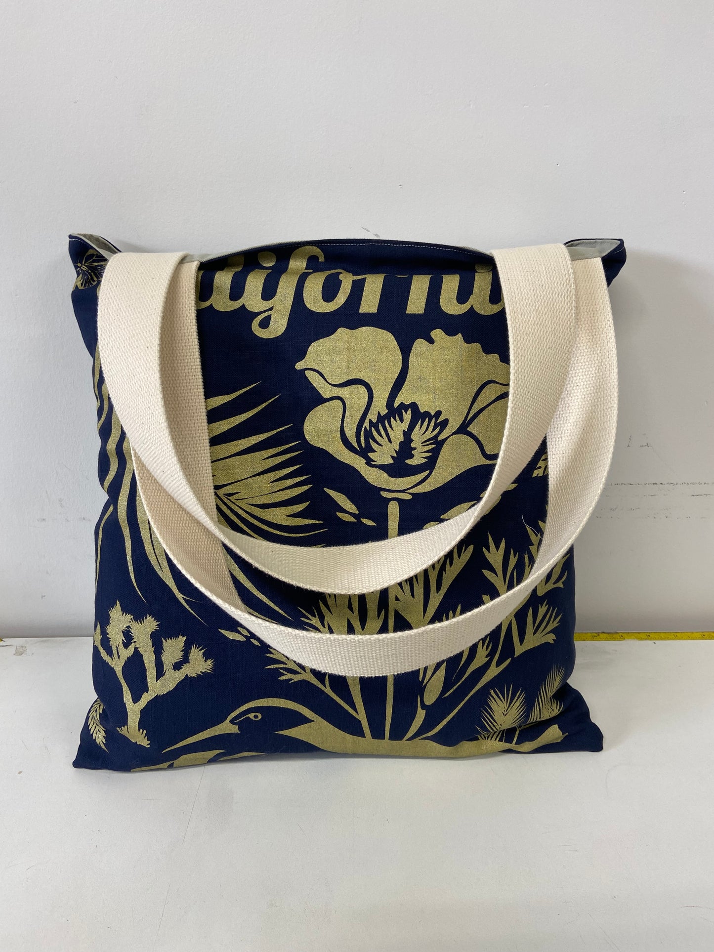 One of a Kind Tote Bag | Hand Made and Printed | California gold, blue, grey interior