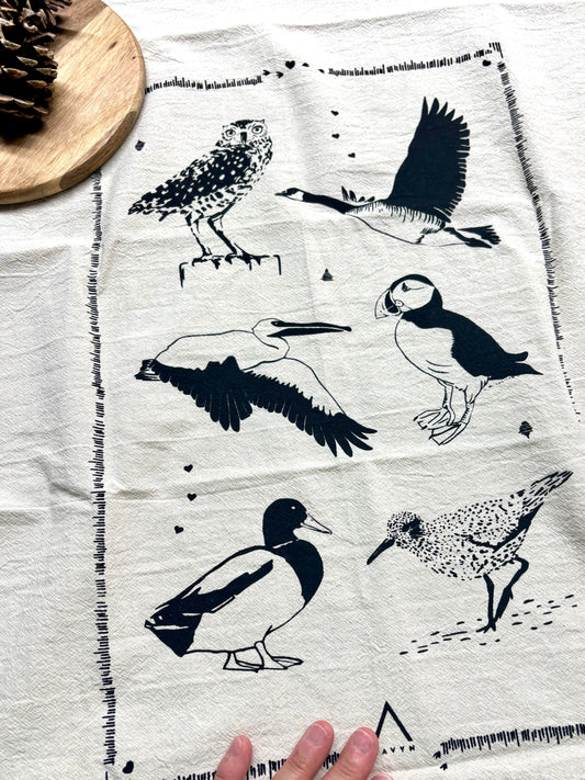 Hand Printed Tea Towel | Organic Cotton Floursack | Canada Birds | Large Kitchen Towel | Eco Screen Printed