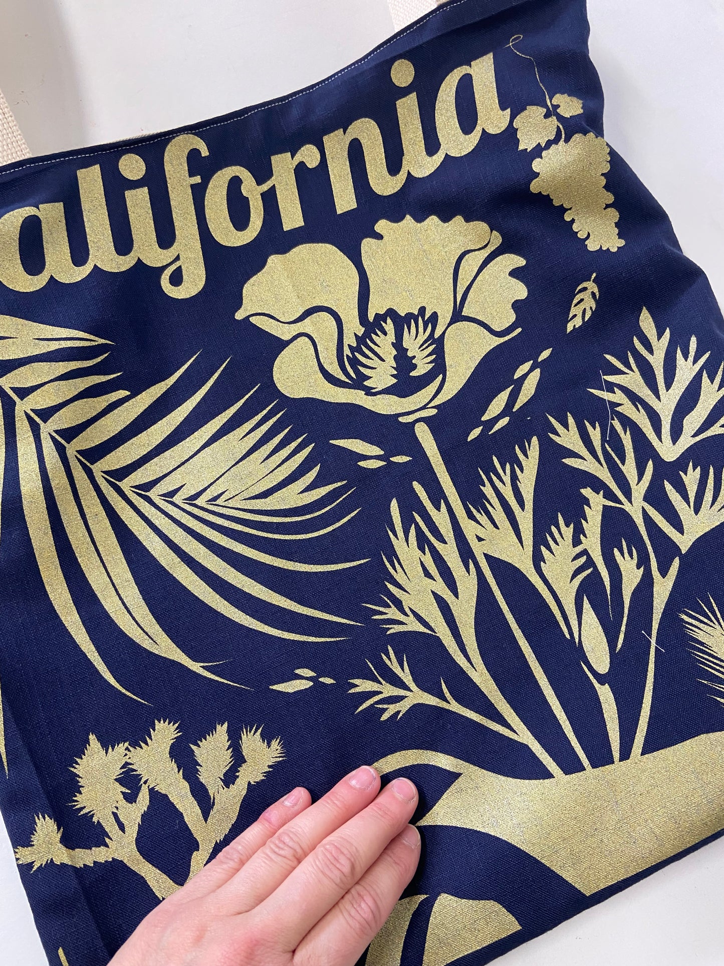 One of a Kind Tote Bag | Hand Made and Printed | California gold, blue, grey interior