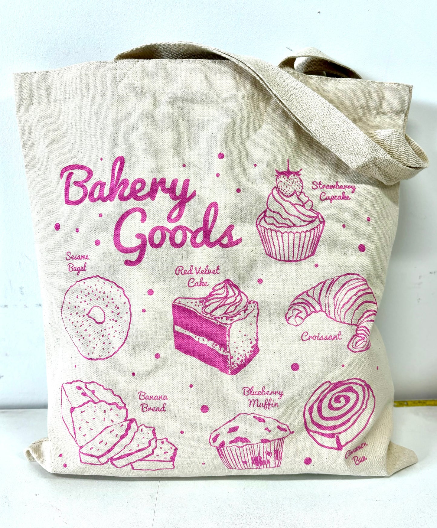 Bakery Goods Fun Pink Hand Printed Every Day Cotton Tote