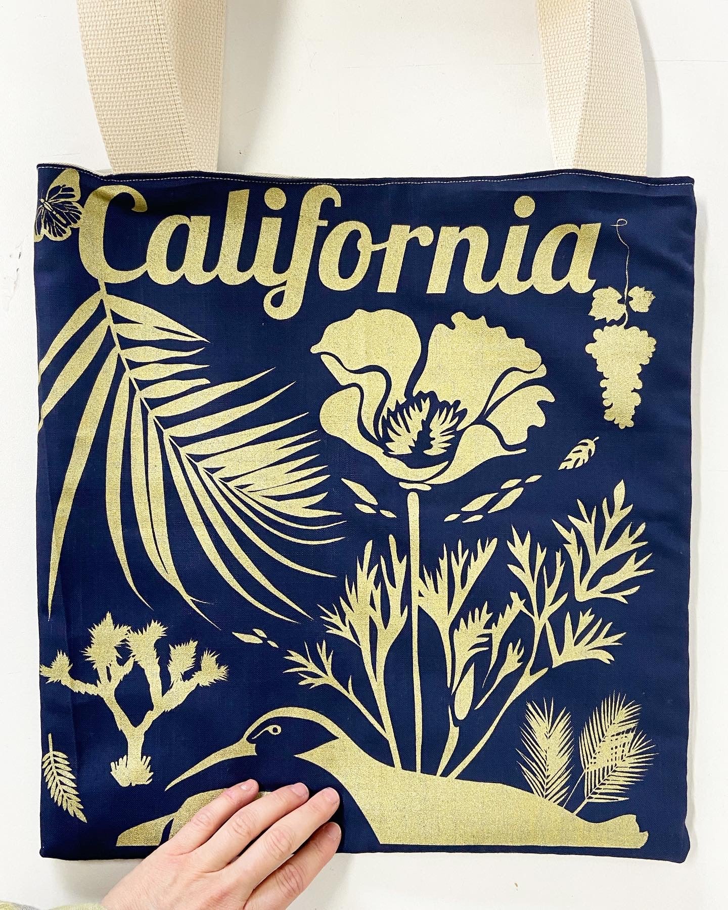 One of a Kind Tote Bag | Hand Made and Printed | California gold, blue, grey interior