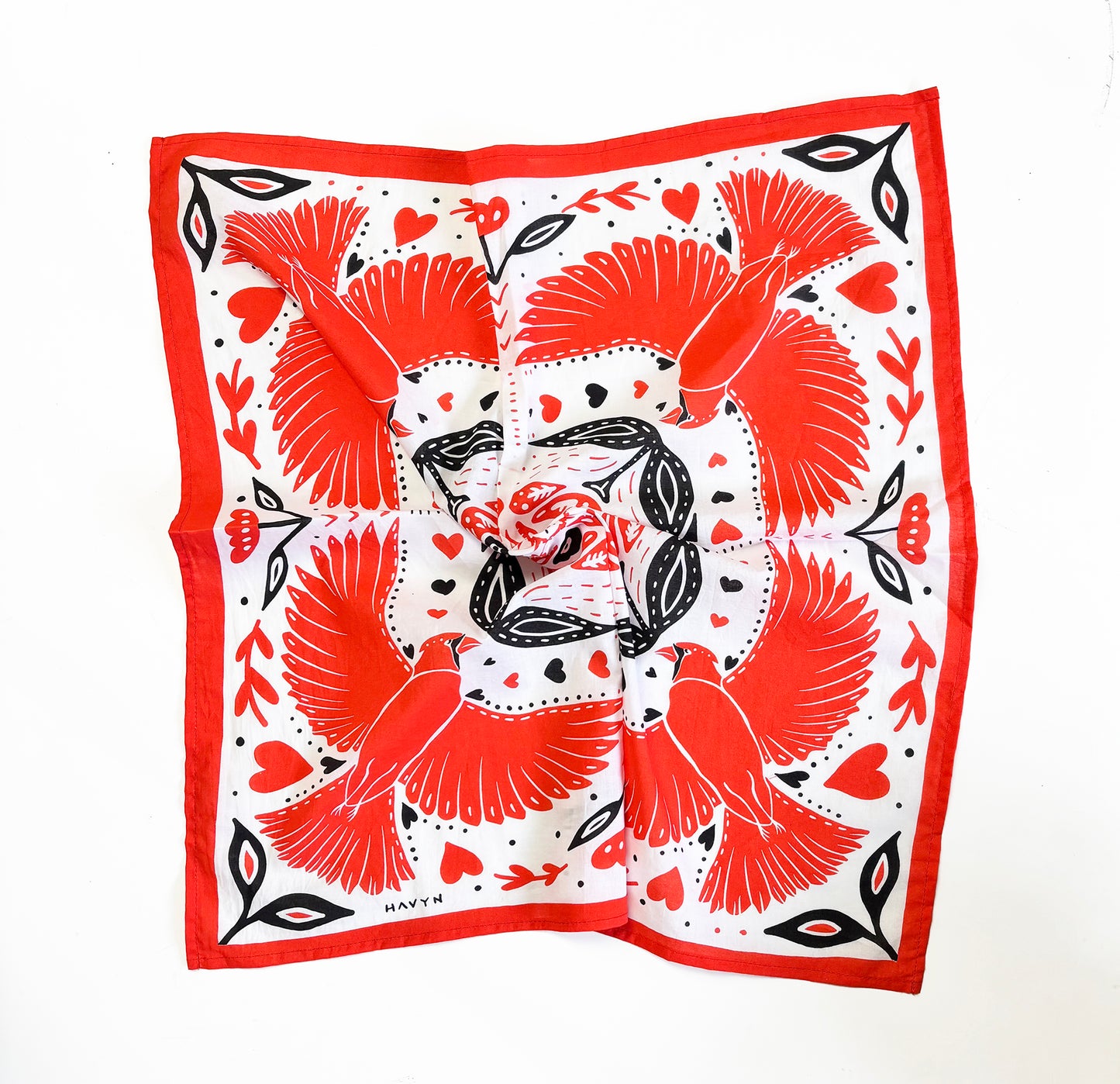 Red Cardinal and Tulips Bandana | 100% Cotton | Hand Screen Printed | 22 x22 inches | All-Over Print Bandana