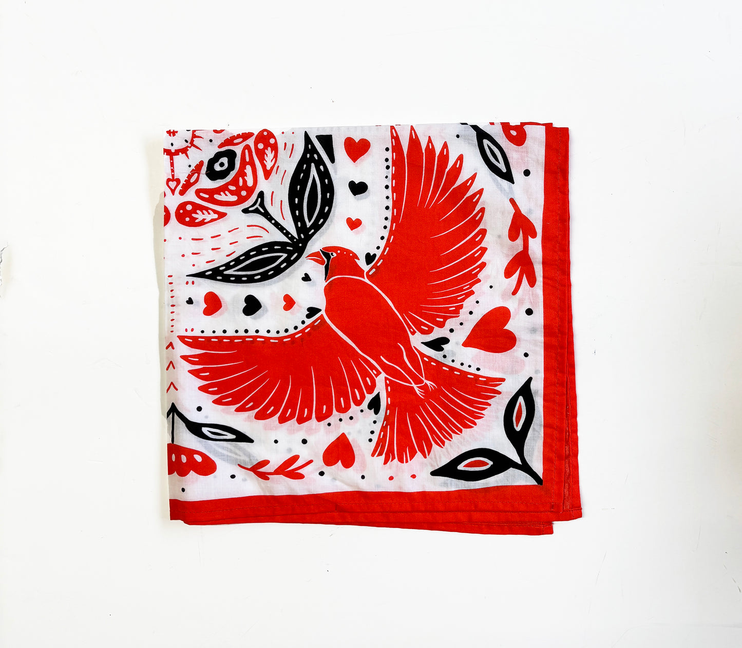 Red Cardinal and Tulips Bandana | 100% Cotton | Hand Screen Printed | 22 x22 inches | All-Over Print Bandana