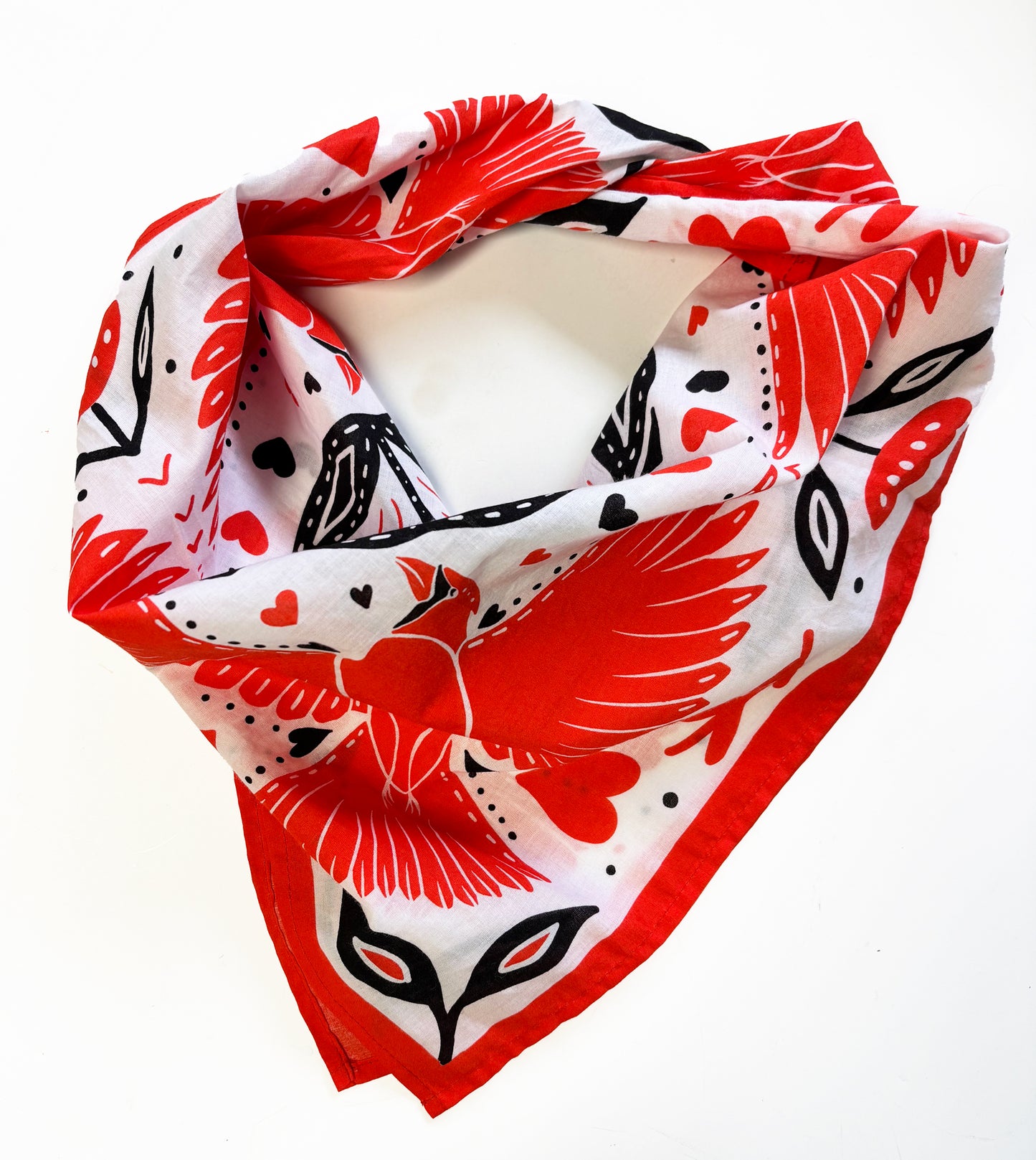 Red Cardinal and Tulips Bandana | 100% Cotton | Hand Screen Printed | 22 x22 inches | All-Over Print Bandana