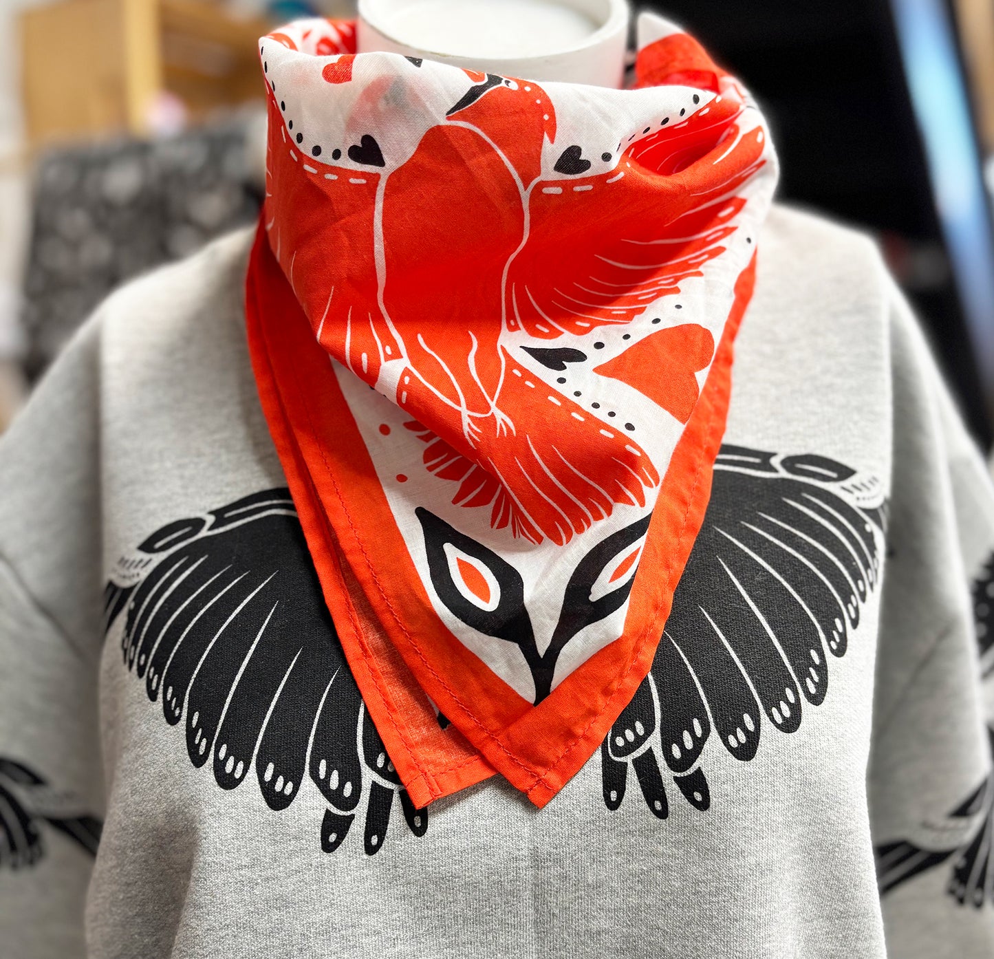 Red Cardinal and Tulips Bandana | 100% Cotton | Hand Screen Printed | 22 x22 inches | All-Over Print Bandana