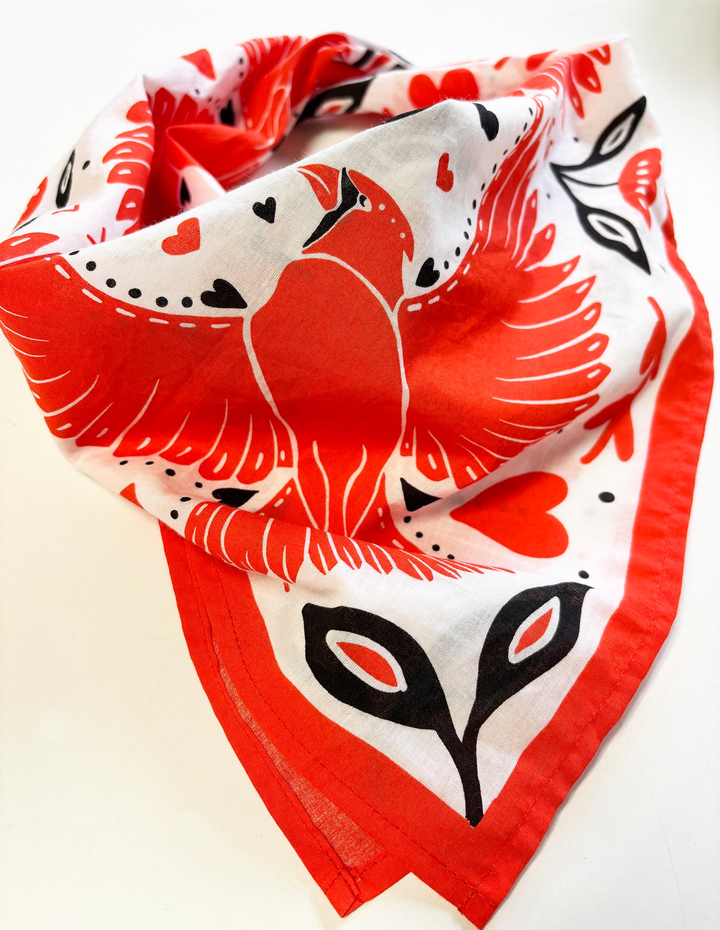 Red Cardinal and Tulips Bandana | 100% Cotton | Hand Screen Printed | 22 x22 inches | All-Over Print Bandana