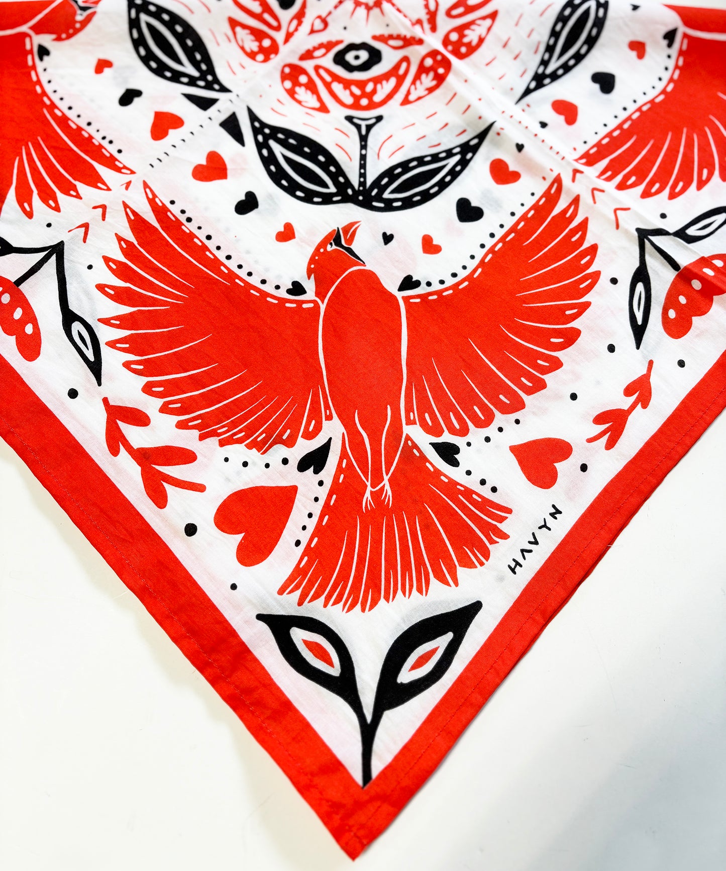 Red Cardinal and Tulips Bandana | 100% Cotton | Hand Screen Printed | 22 x22 inches | All-Over Print Bandana