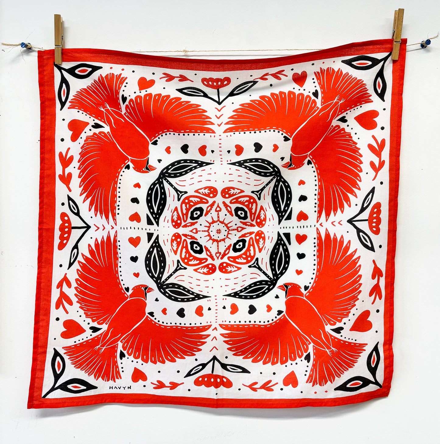 Red Cardinal and Tulips Bandana | 100% Cotton | Hand Screen Printed | 22 x22 inches | All-Over Print Bandana