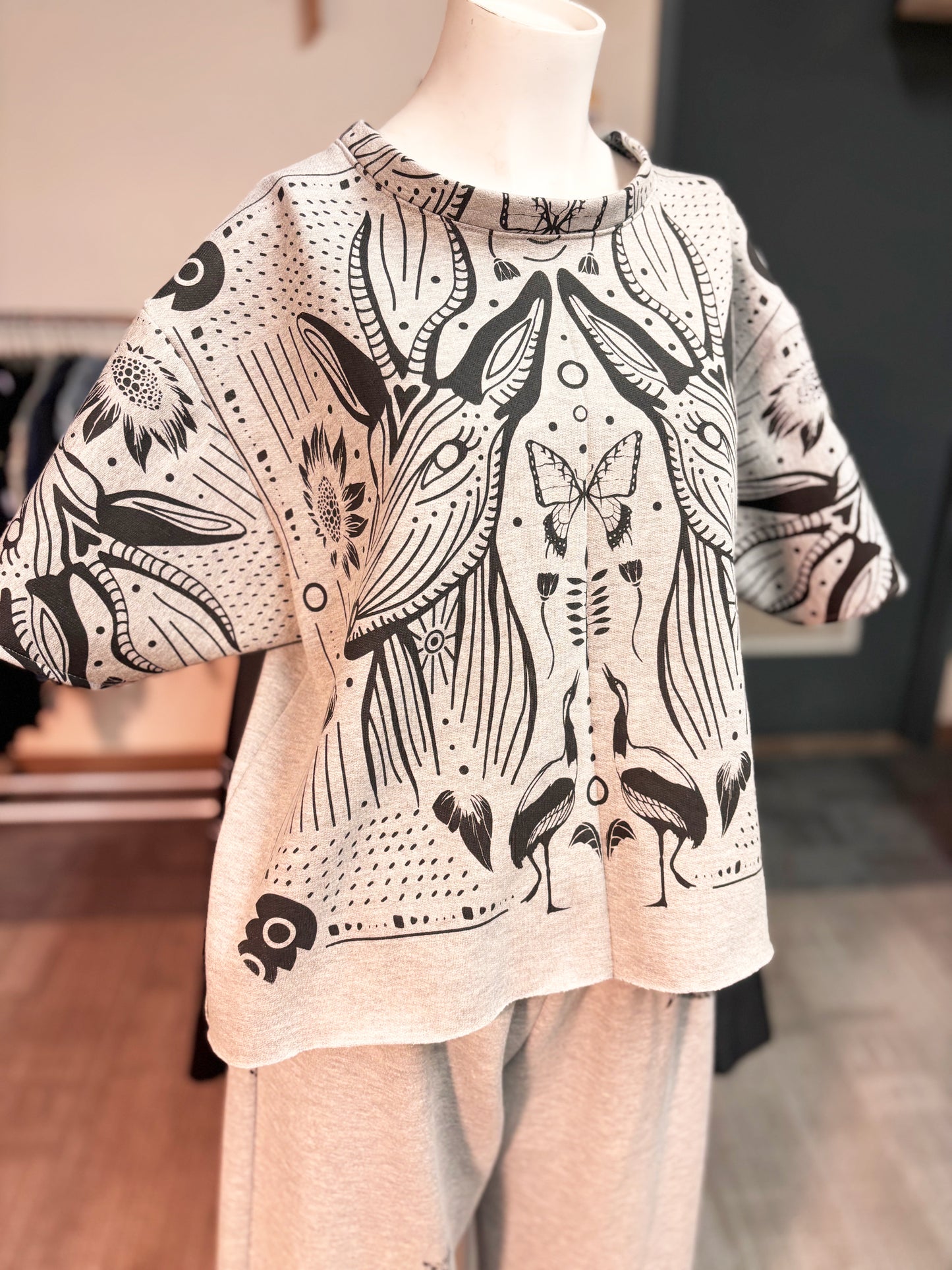 Grey Fleece Short Sleeve Sweatshirt - Antelopes - Hand Printed - One of a Kind - Apparel