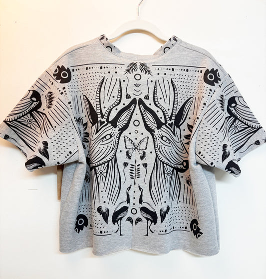Grey Fleece Short Sleeve Sweatshirt - Antelopes - Hand Printed - One of a Kind - Apparel