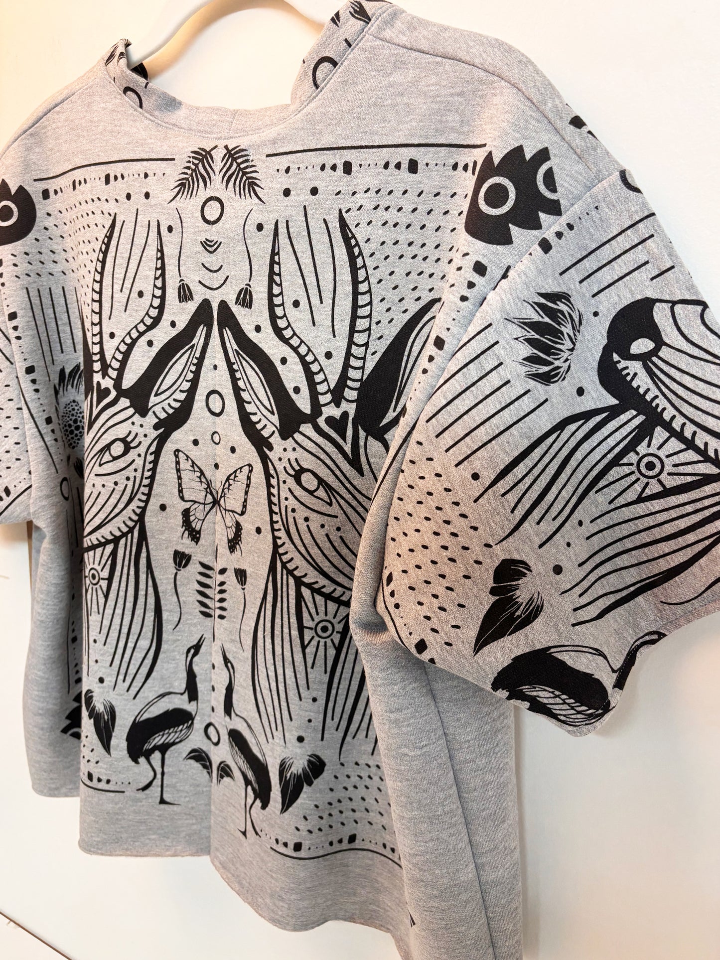 Grey Fleece Short Sleeve Sweatshirt - Antelopes - Hand Printed - One of a Kind - Apparel