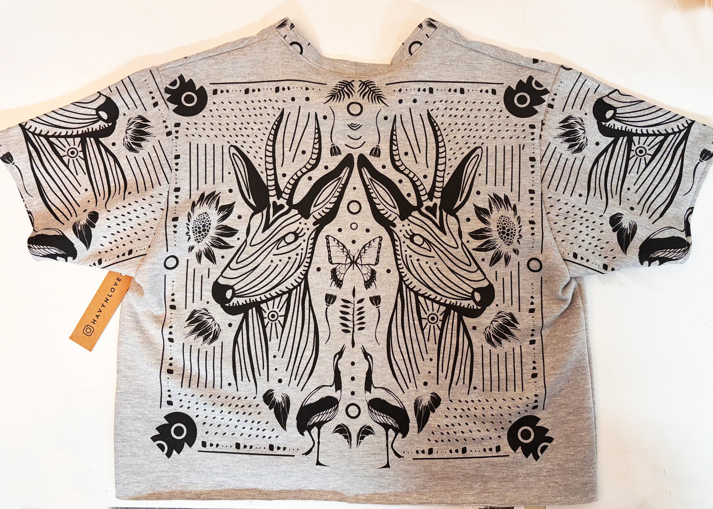 Grey Fleece Short Sleeve Sweatshirt - Antelopes - Hand Printed - One of a Kind - Apparel