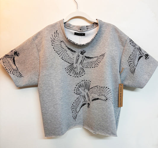 Grey Fleece Short Sleeve Sweatshirt - Hawks - Hand Printed - One of a Kind - Apparel