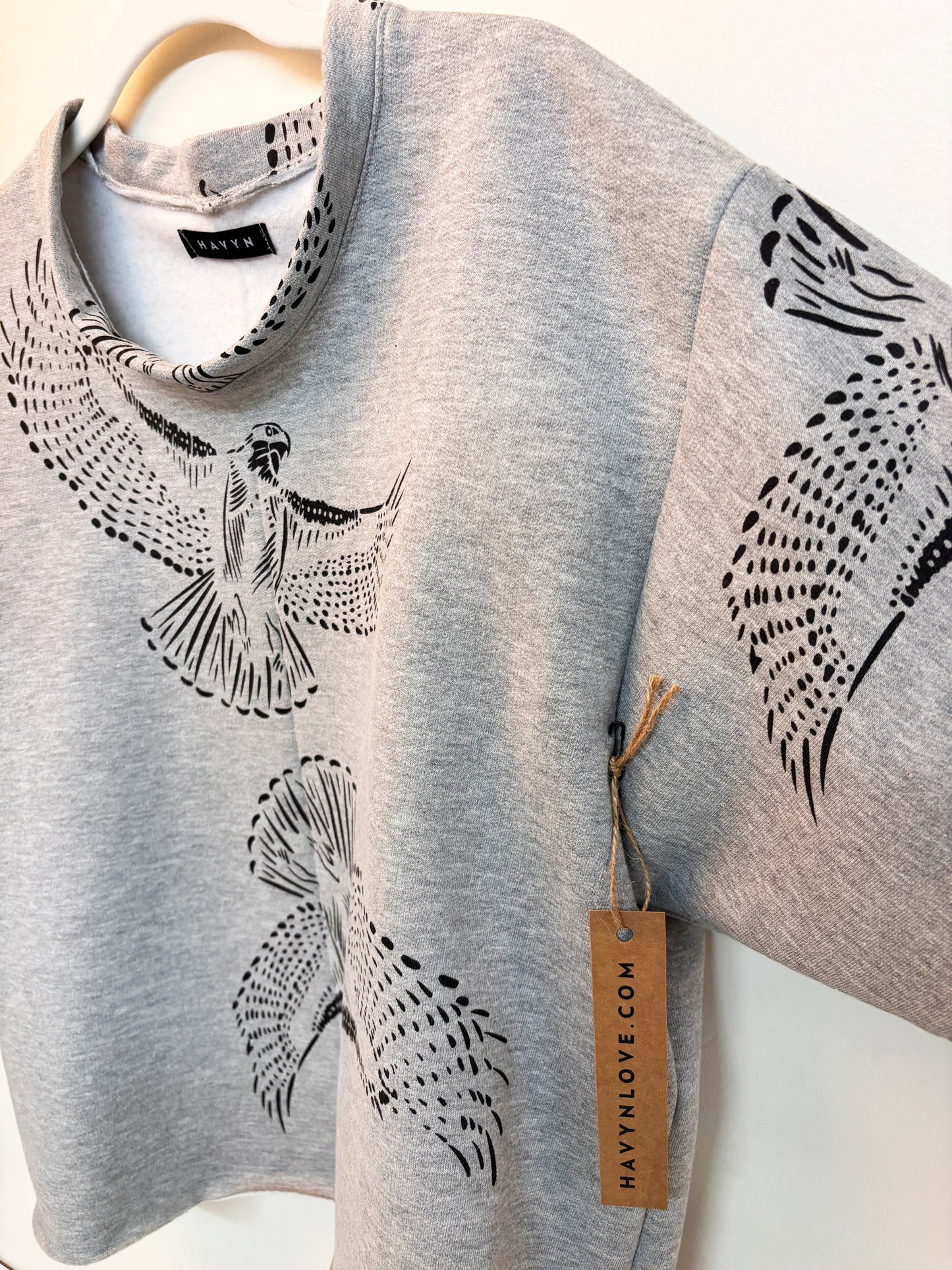 Grey Fleece Short Sleeve Sweatshirt - Hawks - Hand Printed - One of a Kind - Apparel