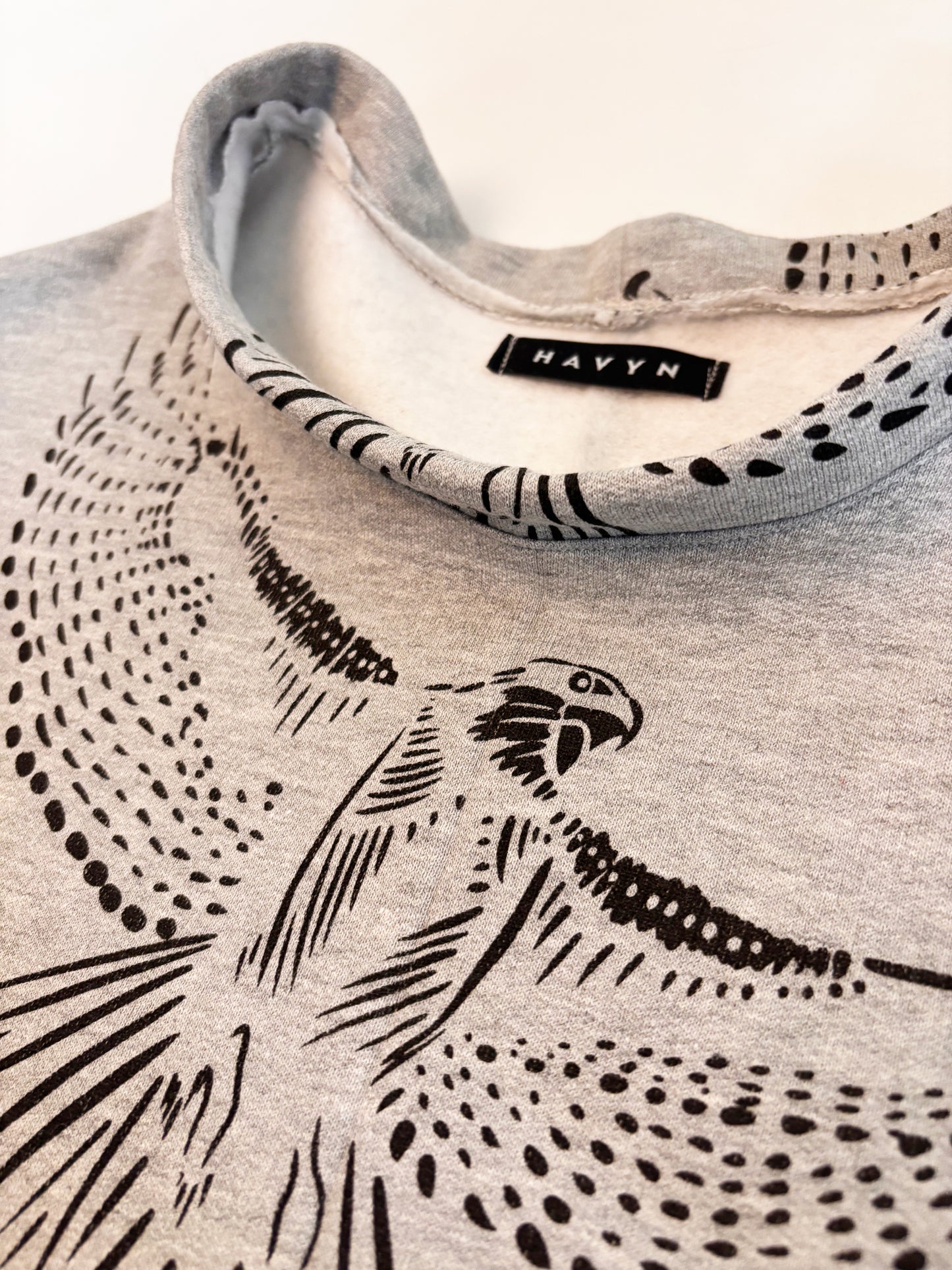 Grey Fleece Short Sleeve Sweatshirt - Hawks - Hand Printed - One of a Kind - Apparel
