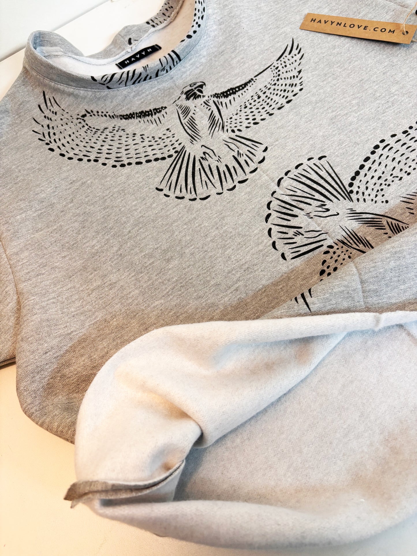 Grey Fleece Short Sleeve Sweatshirt - Hawks - Hand Printed - One of a Kind - Apparel