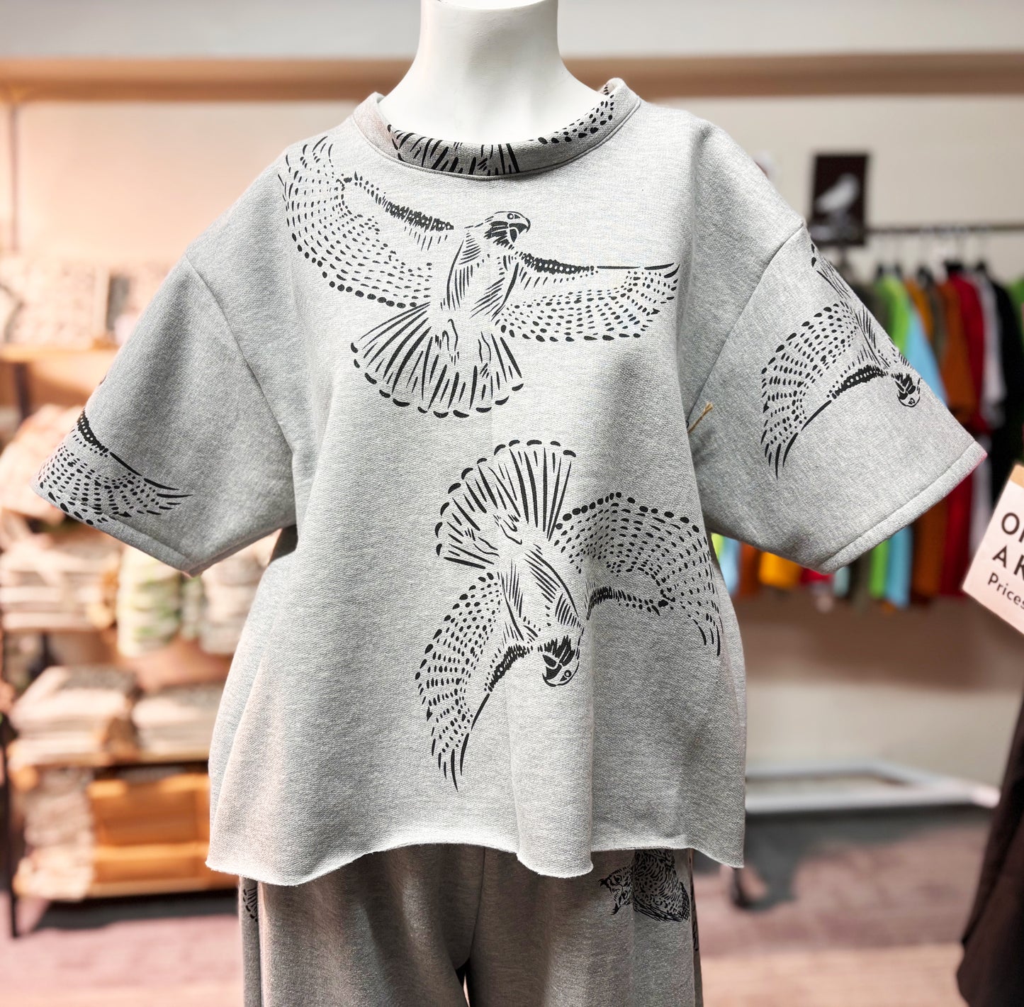 Grey Fleece Short Sleeve Sweatshirt - Hawks - Hand Printed - One of a Kind - Apparel