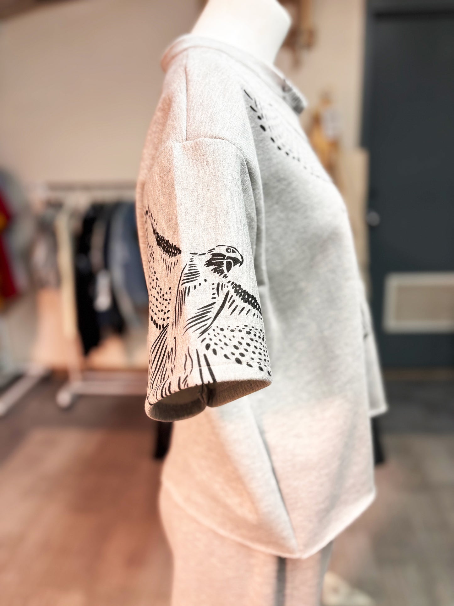 Grey Fleece Short Sleeve Sweatshirt - Hawks - Hand Printed - One of a Kind - Apparel