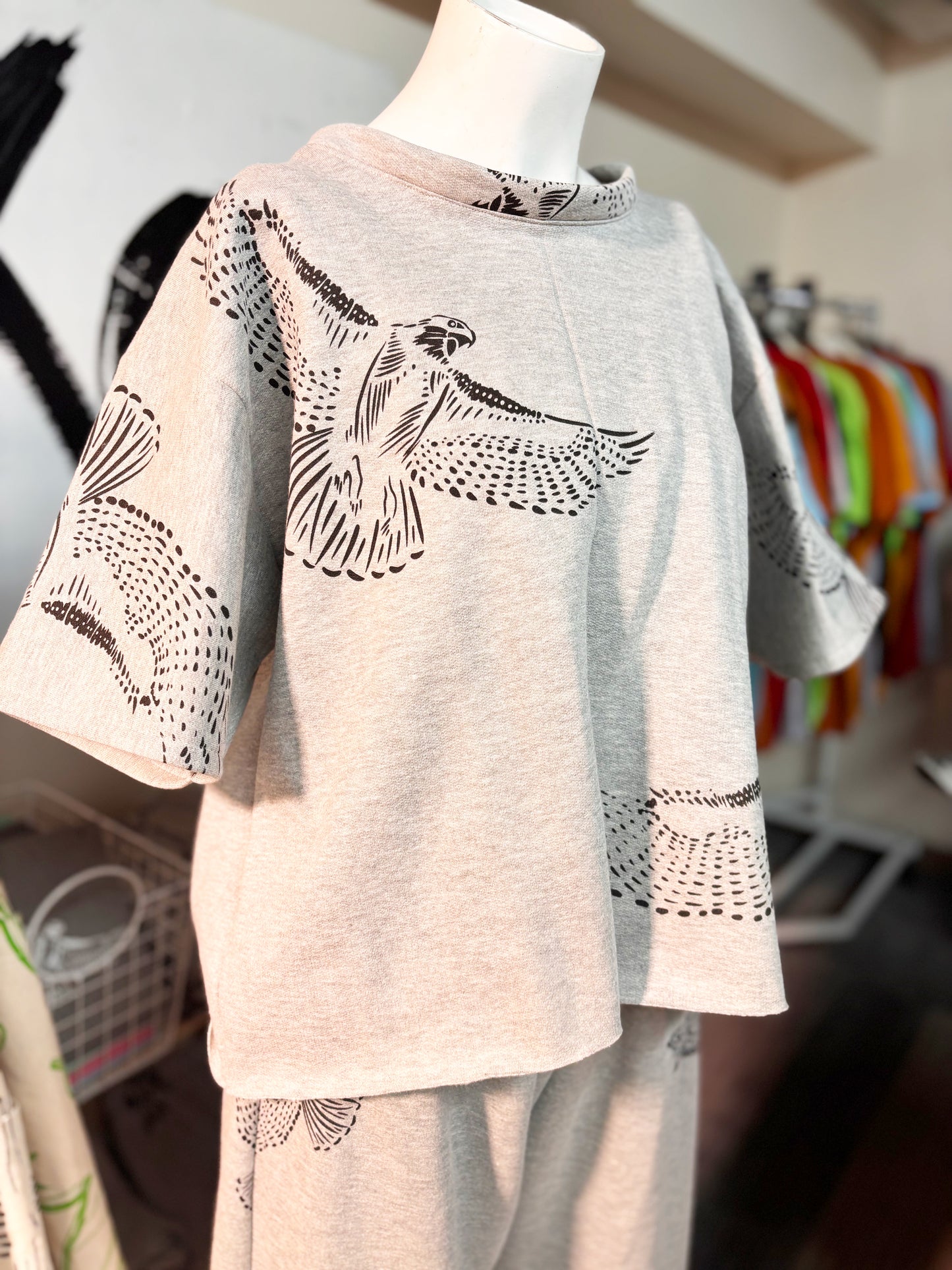 Grey Fleece Short Sleeve Sweatshirt - Hawks - Hand Printed - One of a Kind - Apparel