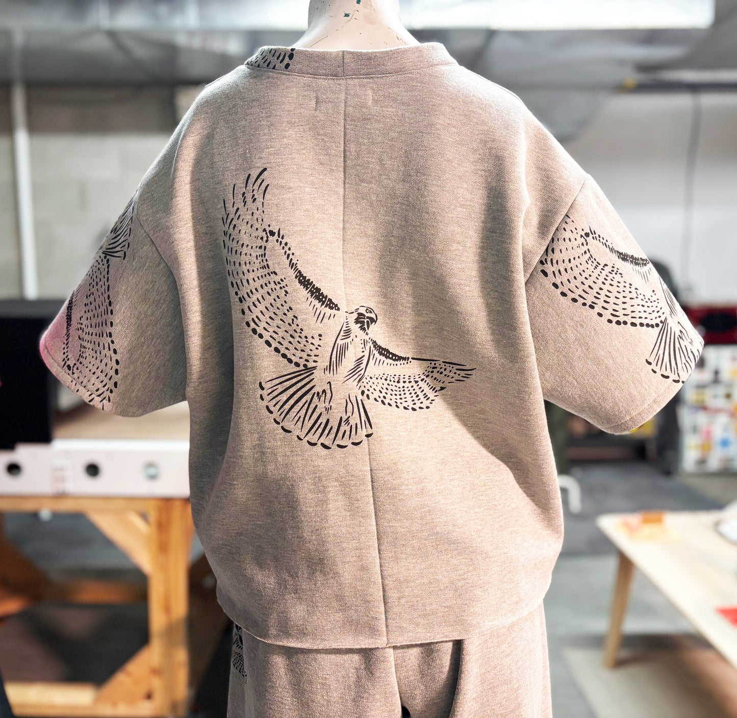 Grey Fleece Short Sleeve Sweatshirt - Hawks - Hand Printed - One of a Kind - Apparel
