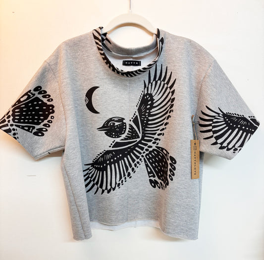 Grey Fleece Short Sleeve Sweatshirt - Large Jay Bird - Hand Printed - One of a Kind - Apparel