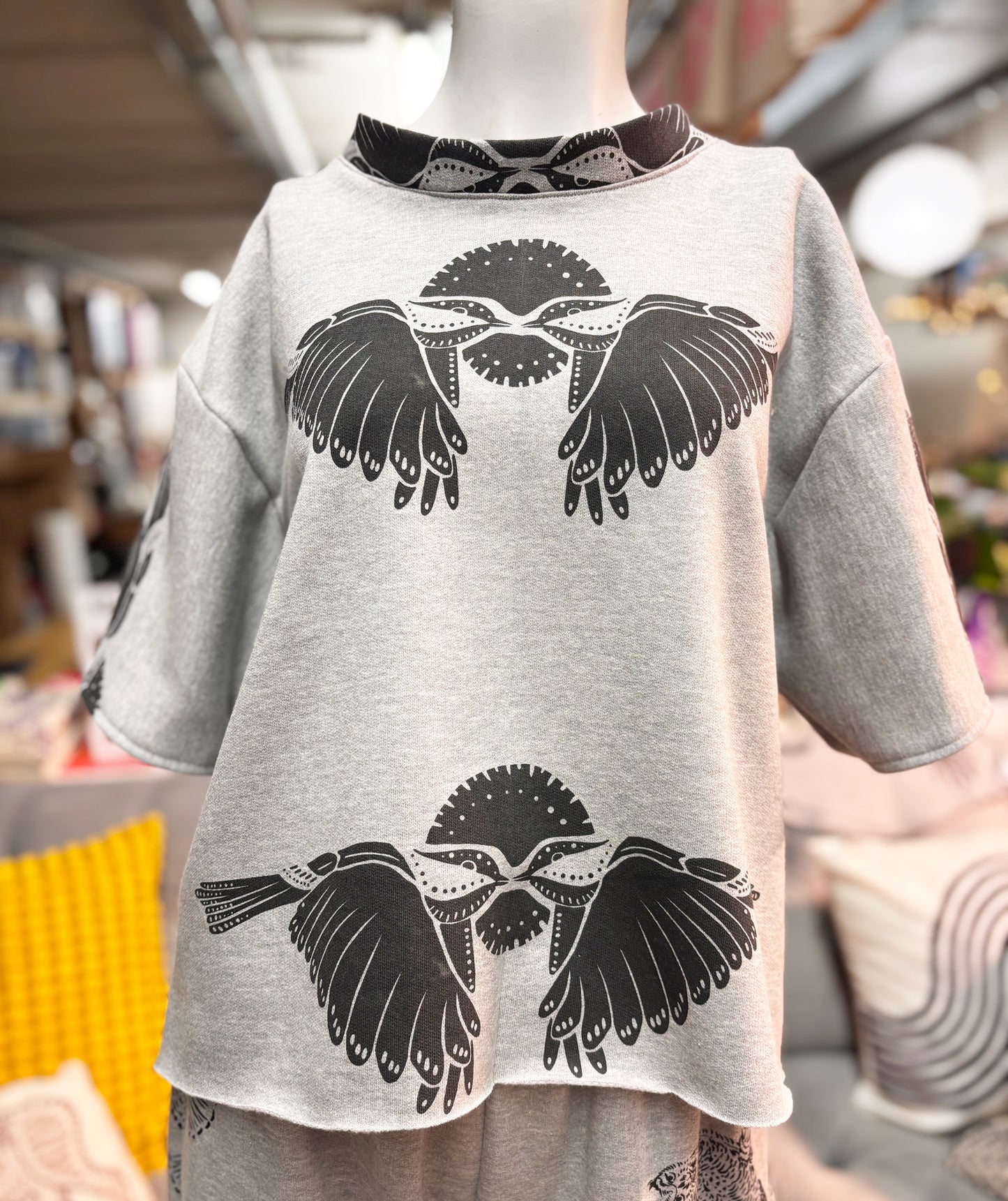 Grey Fleece Short Sleeve Sweatshirt - 2 Birds - Hand Printed - One of a Kind - Apparel