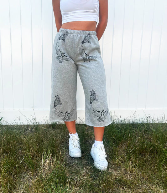 One of a Kind Hand Printed Birds Cropped Sweat Pants