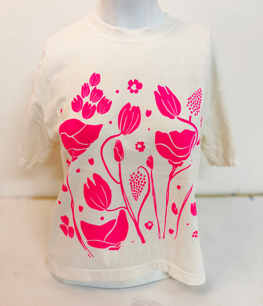 Tshirt Limited Edition NEON PINK FLOWERS on Beige Boxy Fit Cotton - Original Screen Print - Women