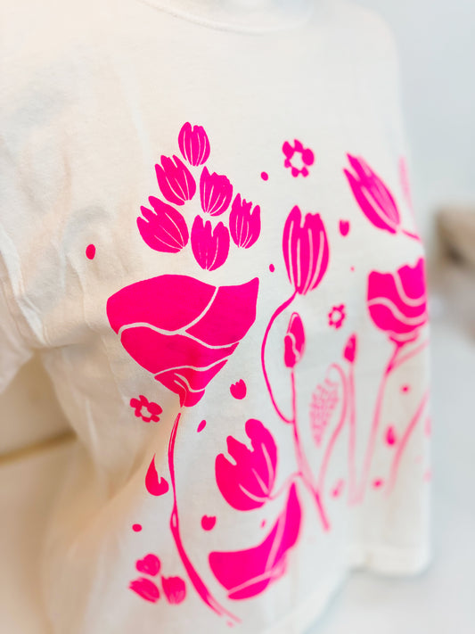 Tshirt Limited Edition NEON PINK FLOWERS on Beige Boxy Fit Cotton - Original Screen Print - Women