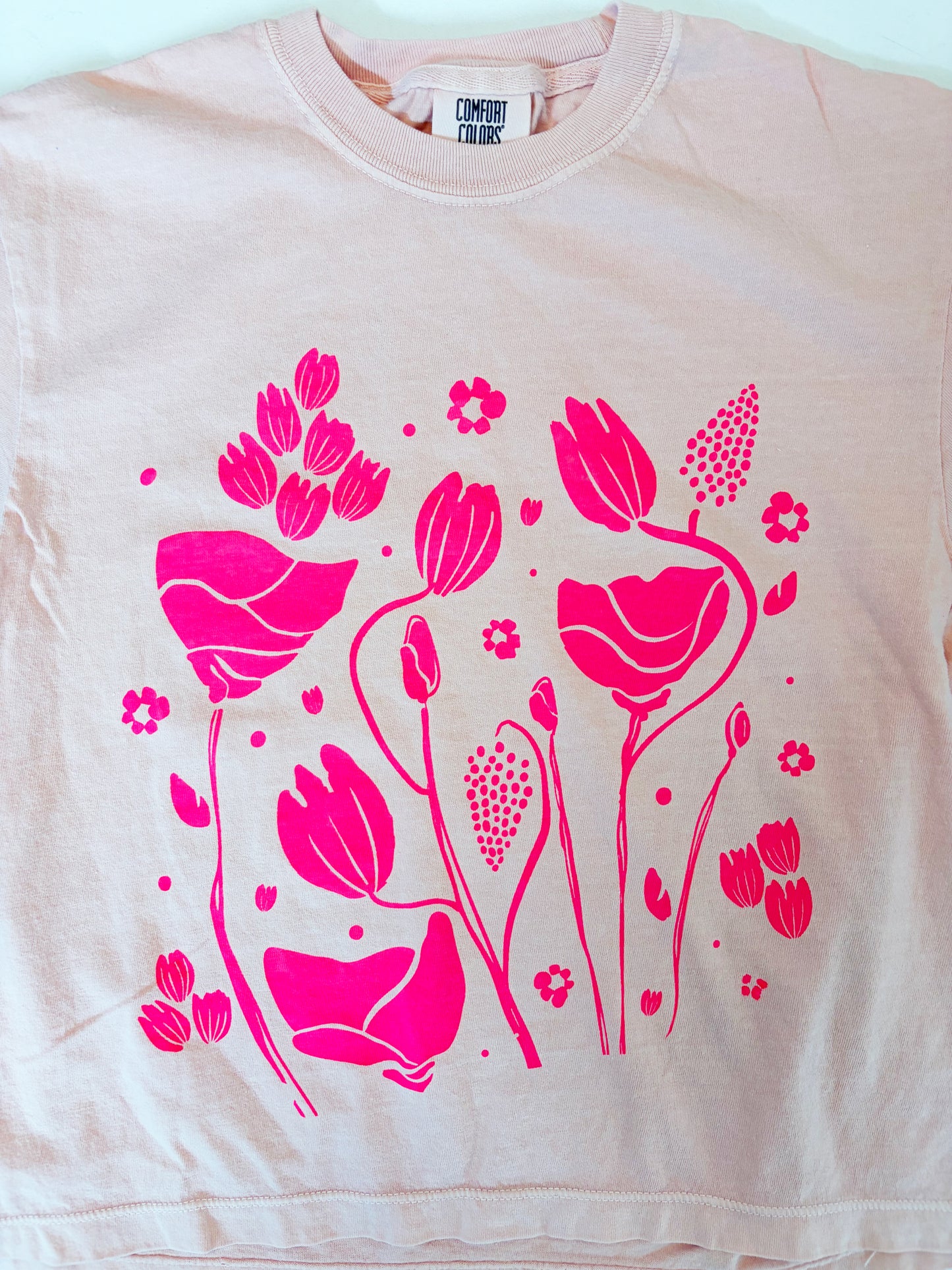 Tshirt Limited Edition NEON PINK FLOWERS on Beige Boxy Fit Cotton - Original Screen Print - Women